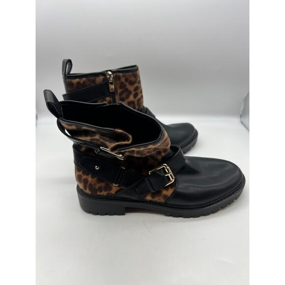 Nine West Aria Black Cheetah Print Ankle Boots Size 10 Biker Combat Buckle - Picture 3 of 7